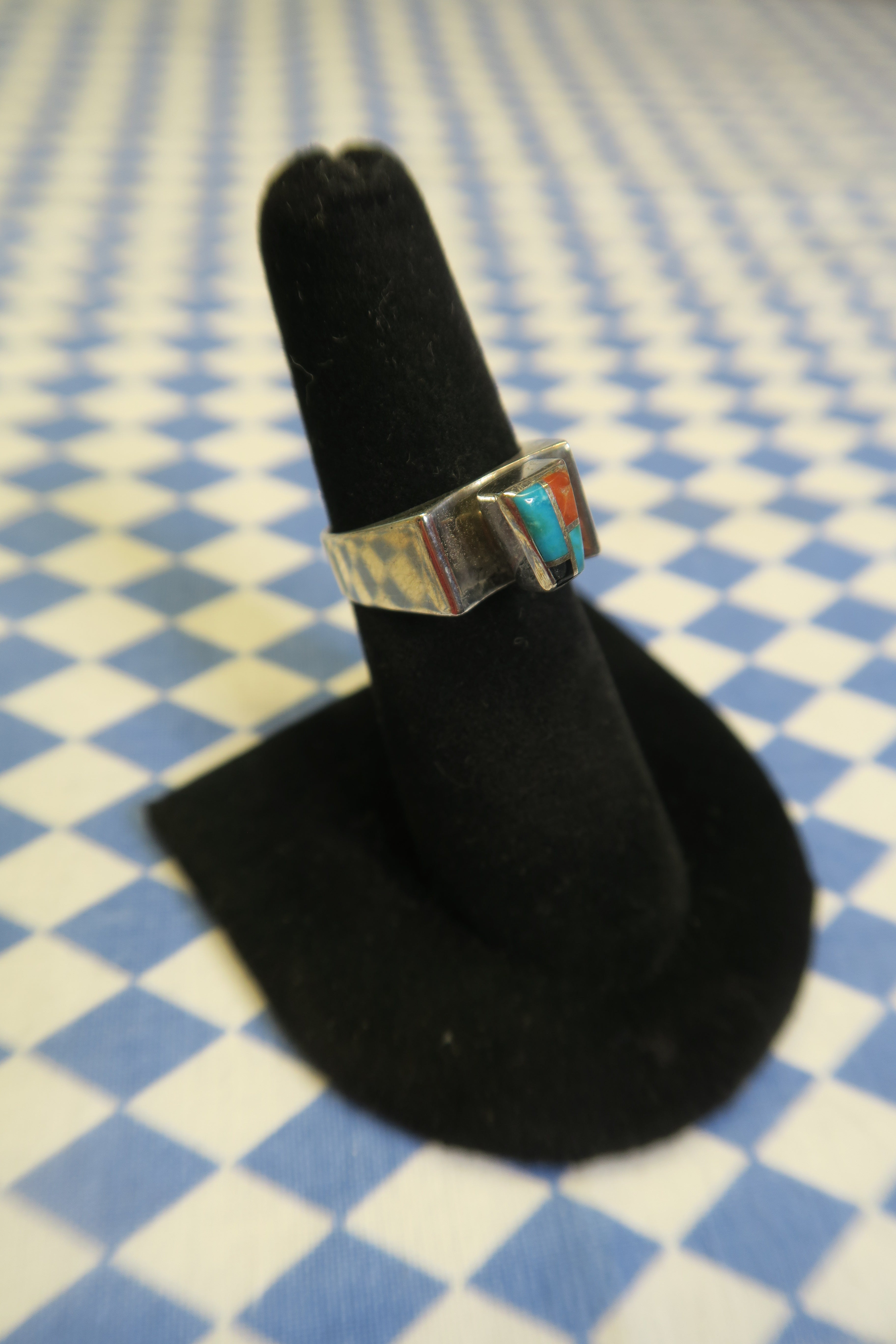 GILBERT NELSON TURQUOISE & CORAL INLAY RING