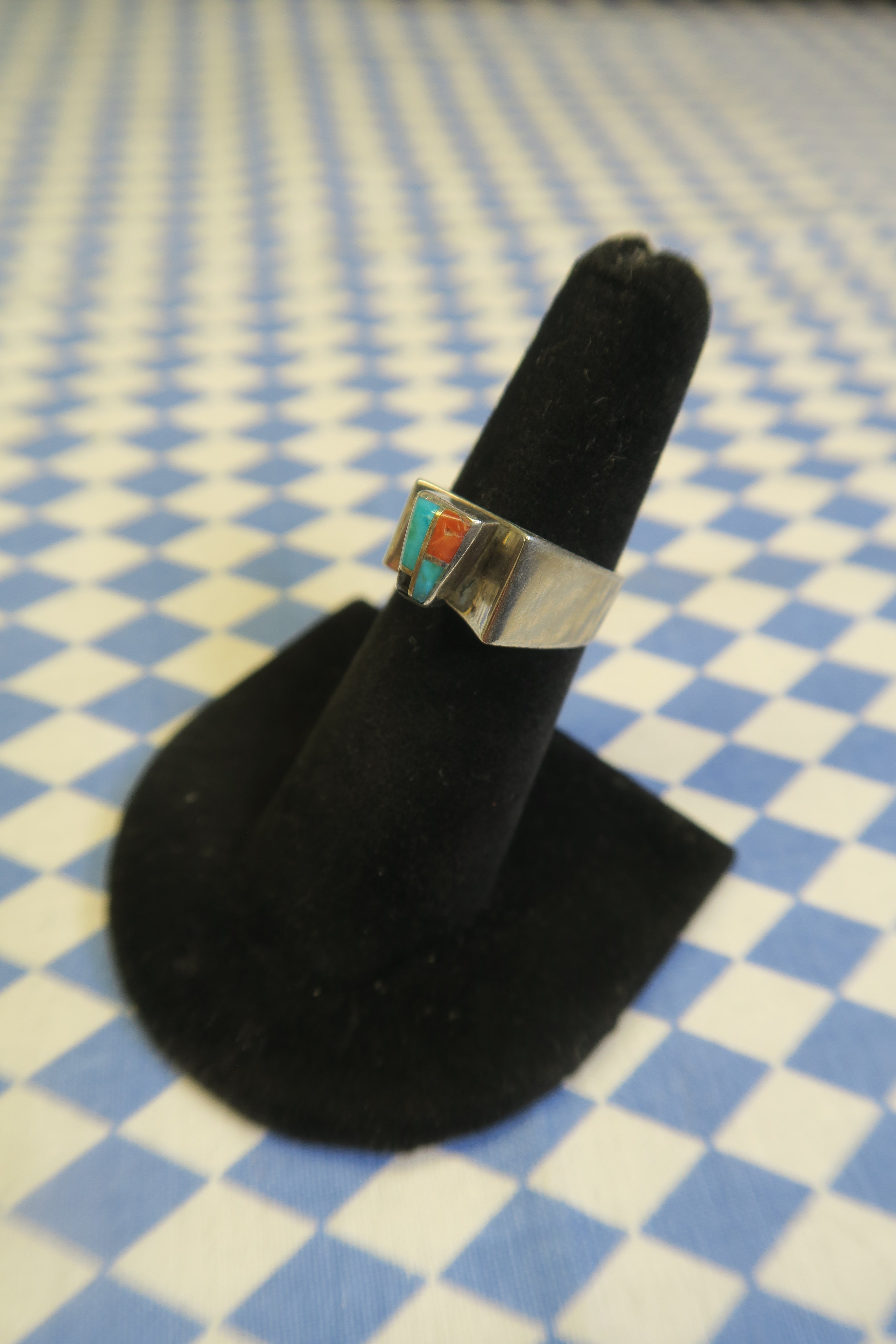 GILBERT NELSON TURQUOISE & CORAL INLAY RING