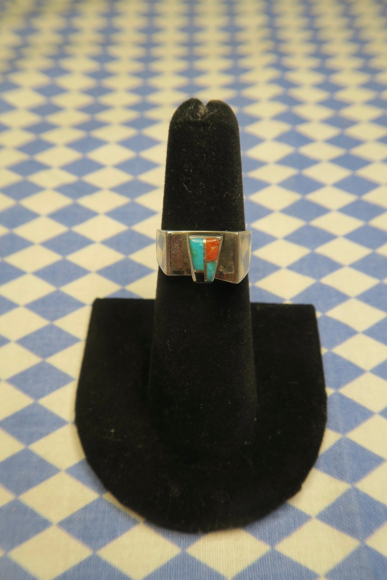 GILBERT NELSON TURQUOISE & CORAL INLAY RING